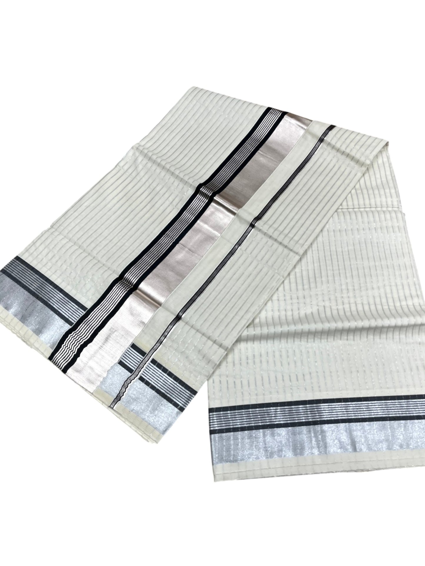 Southloom Pure Cotton Kerala Silver Kasavu Lines Saree with Black and Silver Border