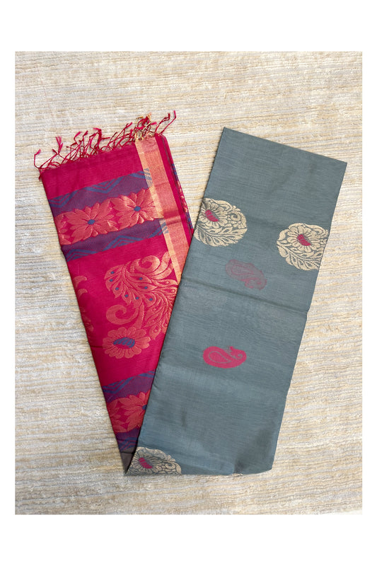 Southloom Pure Handloom Cotton Silk Saree With Handwoven Work Across Body and Blouse In Grey And Pink