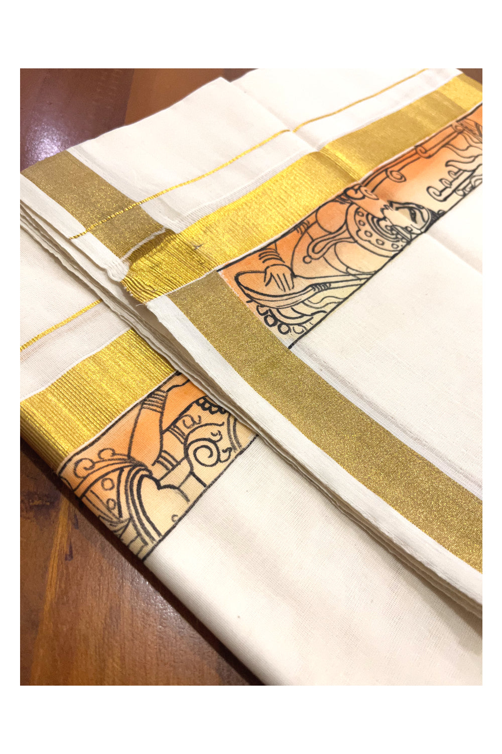 Pure Cotton Kasavu Mundu with Mural Hand Painted Border (Onam Mundu 2023)