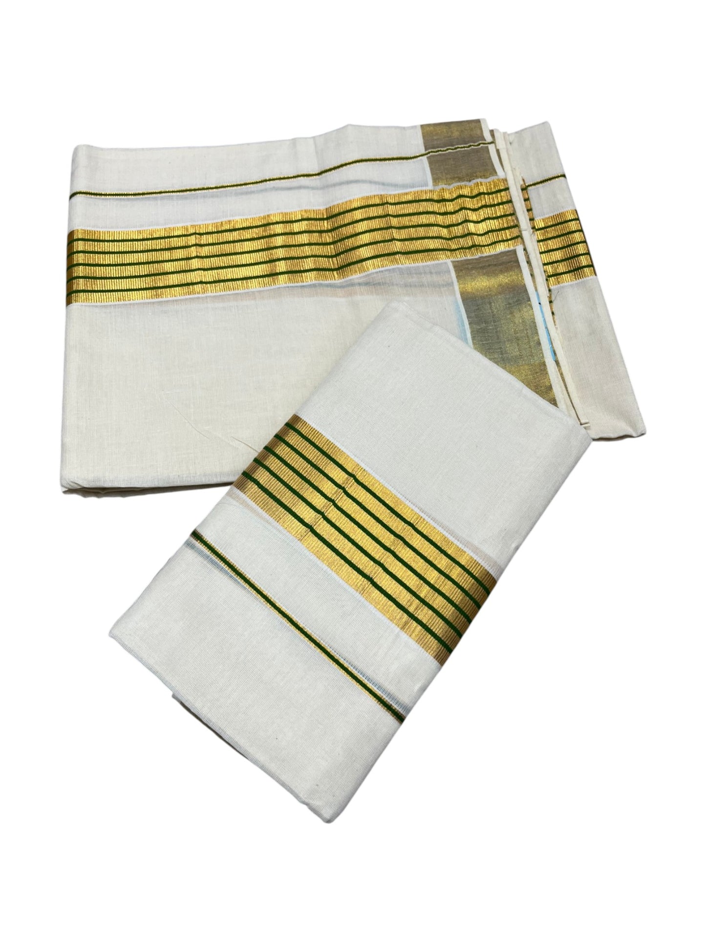 Southloom Pure Cotton Kerala Kasavu  Set Mundu (Mundum Neriyathum) Kasavu & Green Border in 2.80 Mtrs