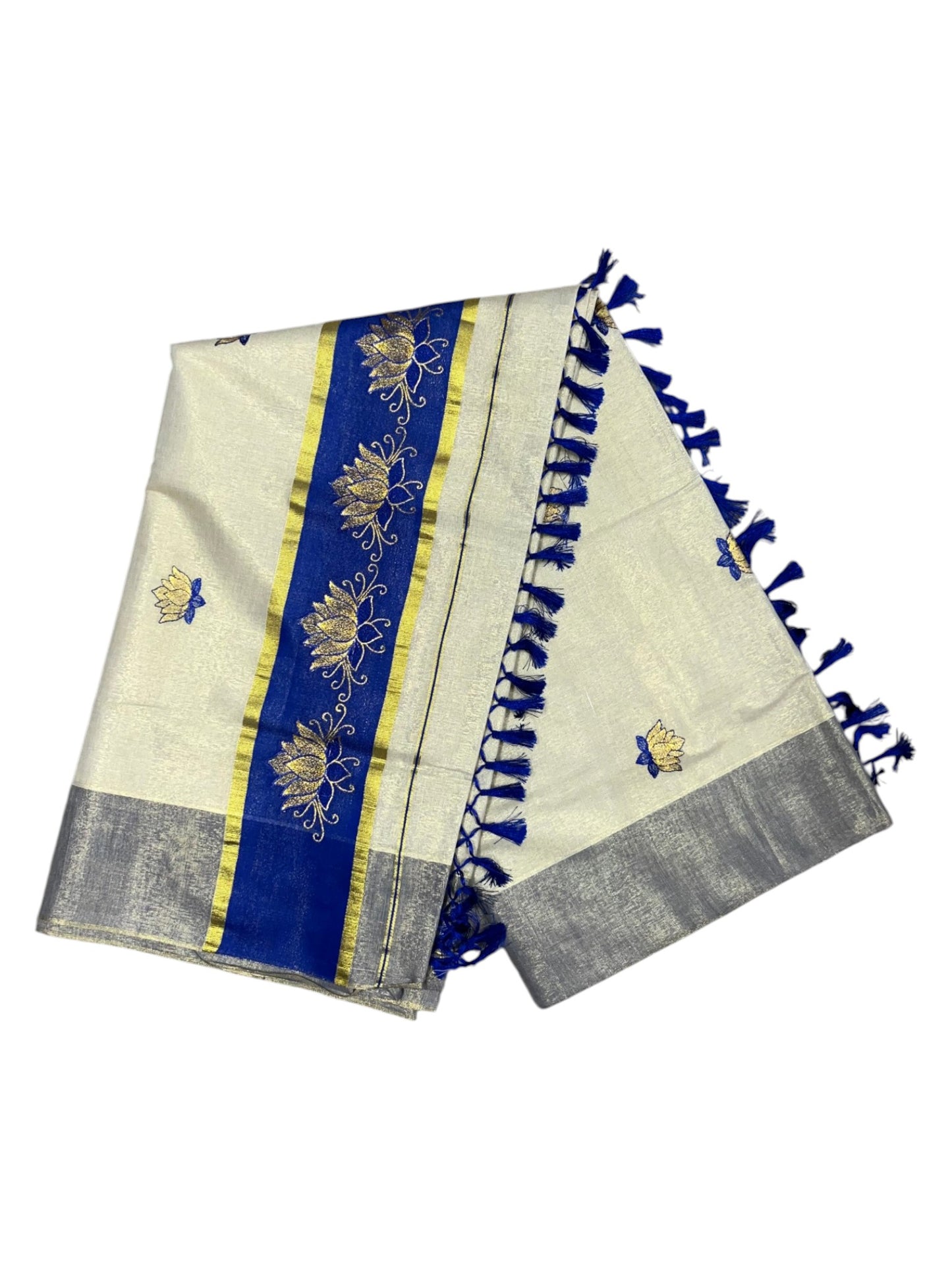 Southloom Kerala Tissue Kasavu Saree with Blue And Golden Lotus Embroidary Works on Body SL273