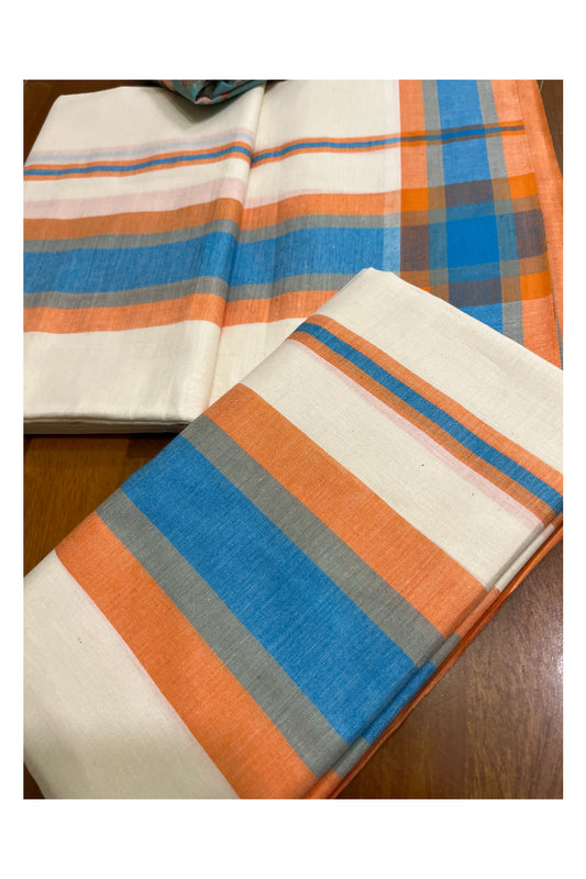Southloom Mulloth Soft Cotton Blue Orange Border Set Mundu with Jaipur Printed Blouse Piece (2.60 M Neriyathu / Blouse 1 Meter)