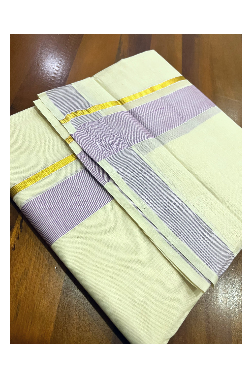 Pure Cotton Mundu with Light Violet Lines and Kasavu Border (South Indian Kerala Dhoti)