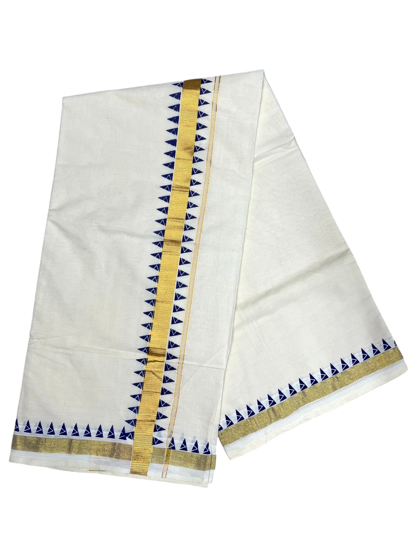 Southloom Cotton Kerala Kasavu Saree with Blue Tample Design Border