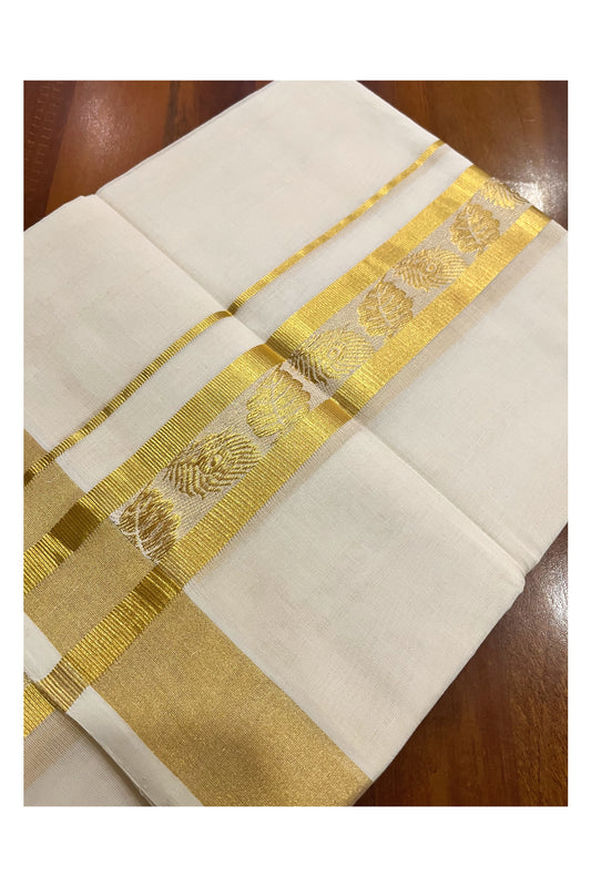 Southloom Premium Handloom Cotton Mundu with Kasavu Feather and Leaf Woven Border (South Indian Kerala Dhoti)