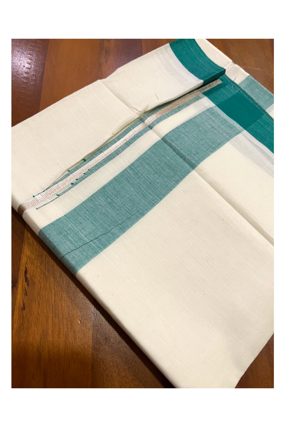 Pure Cotton Kerala Double Mundu with Green and Kasavu Line Chutti Border (South Indian Kerala Dhoti)