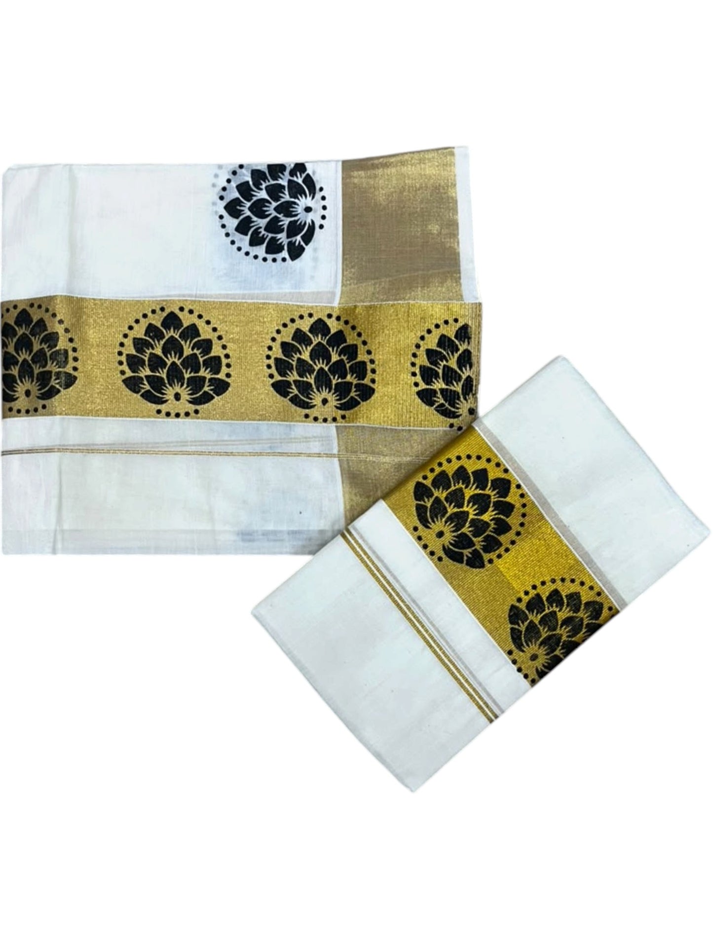 Southloom Pure Cotton Set Mundu with Gold Kasavu and Black Floral Digital Print in 2.80 Mtrs SL383