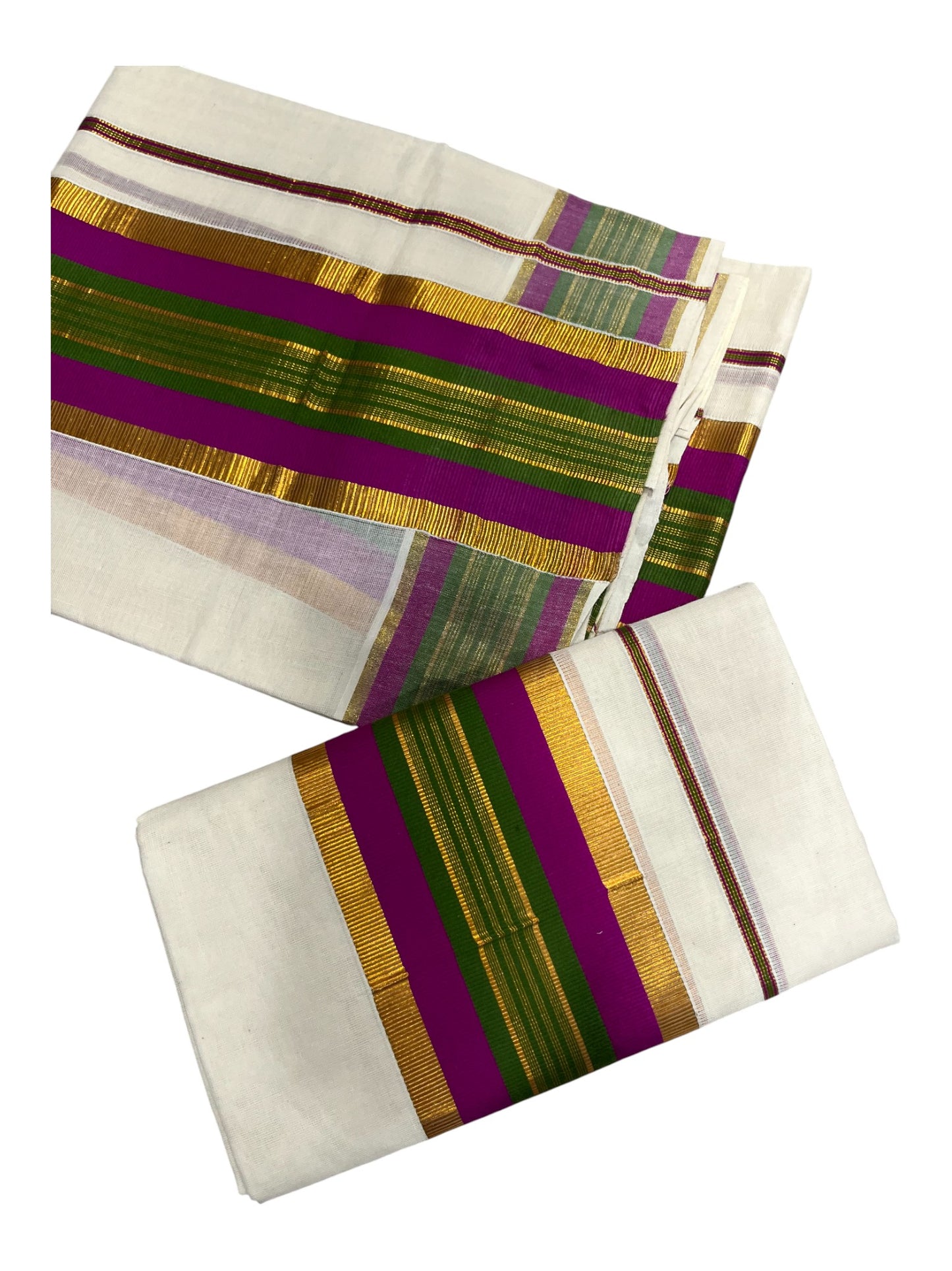 Kerala Cotton Kasavu Set Mundu (Mundum Neriyathum) with Magenta and Green  Border
