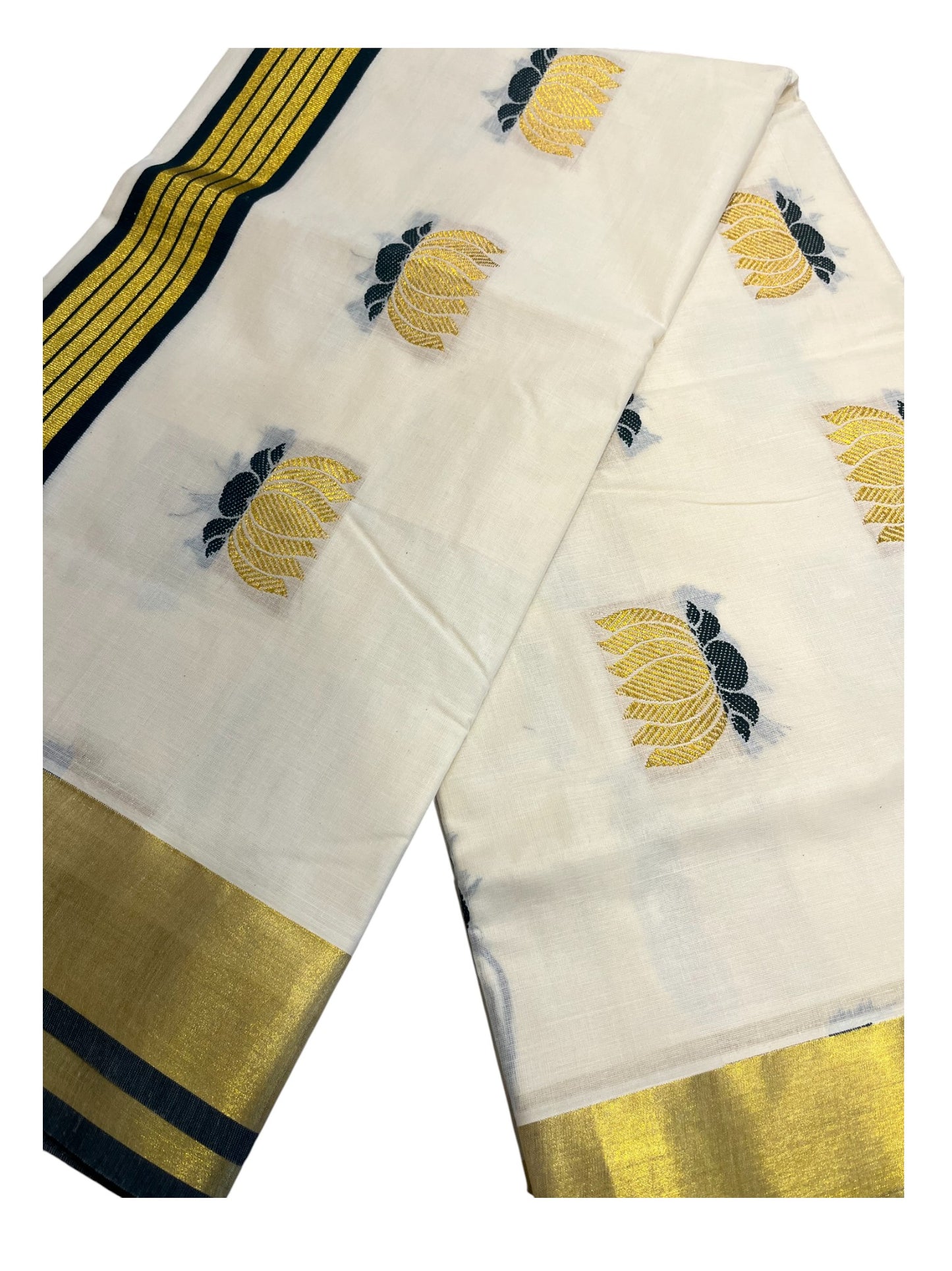 Southloom Kerala Cotton Kasavu Saree with Lotus Woven Work in Green