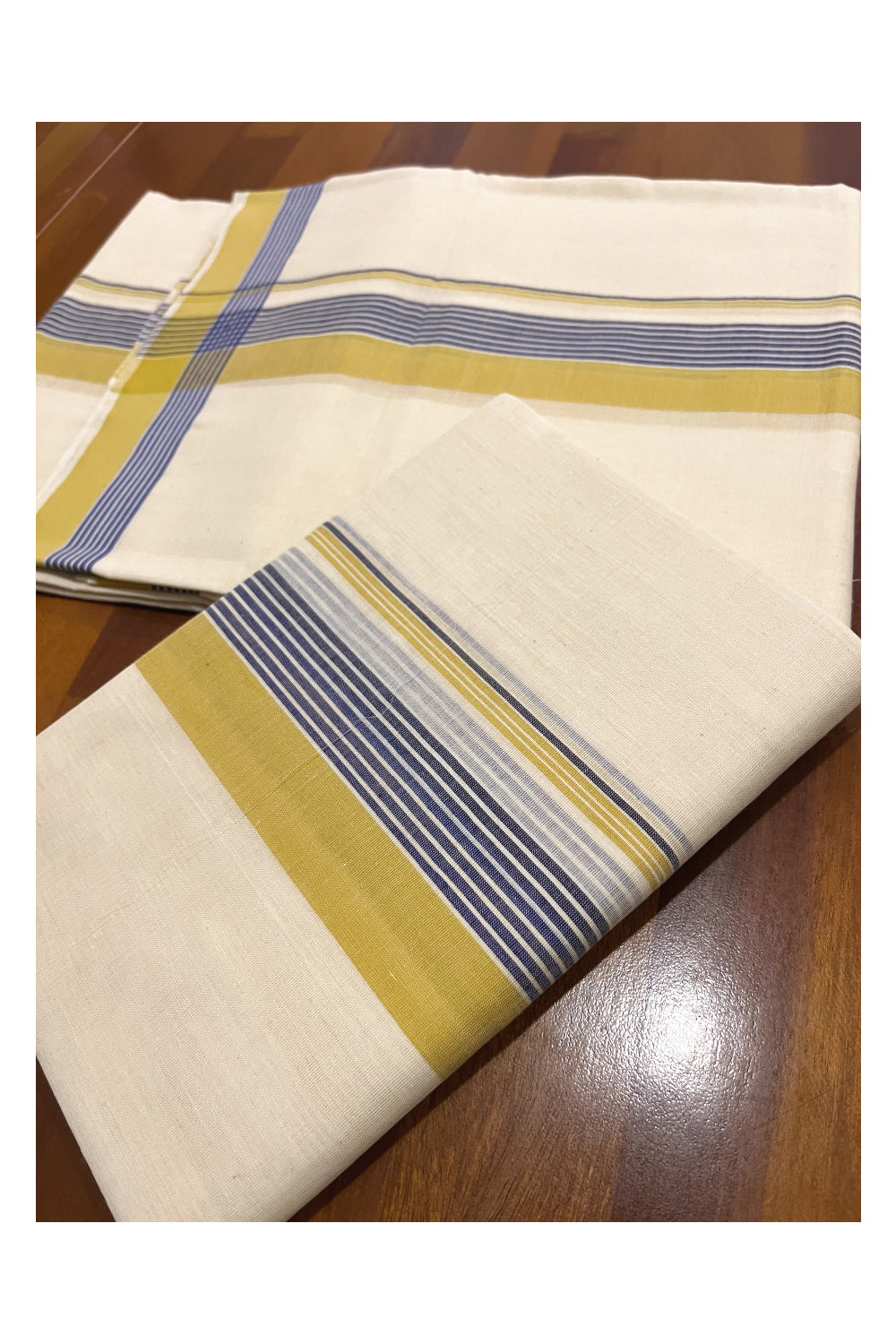 Southloom Premium Handloom Single Set Mundu (Mundum Neriyathum) with Yellow and Blue Border 2.80 Mtrs