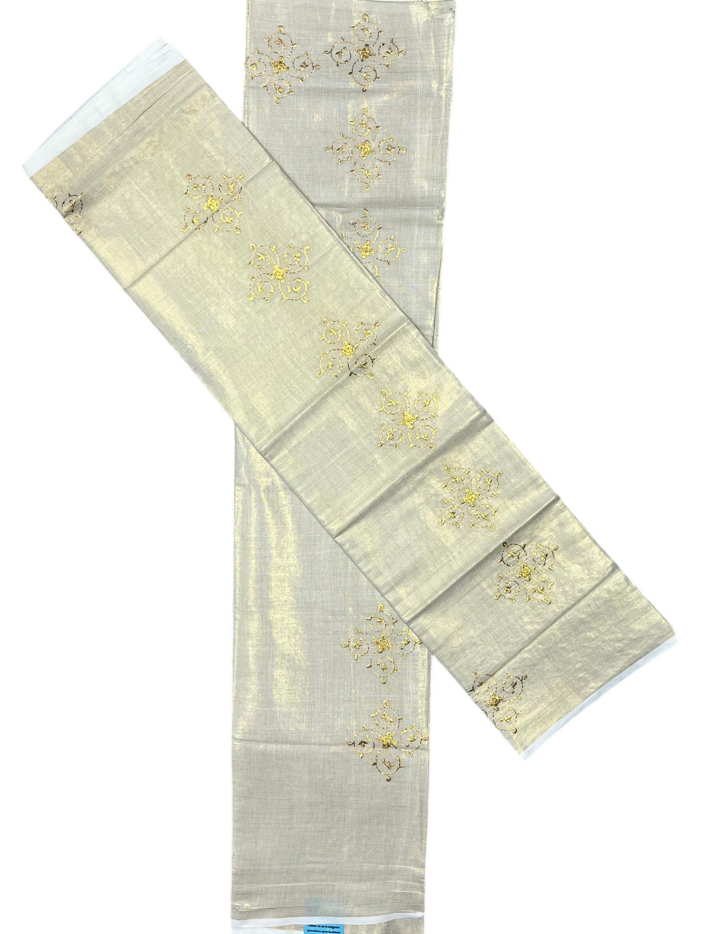 Southloom Kerala Tissue Kasavu Single Set Mundu (Mundum Neriyathum) Golden Embroidery Work