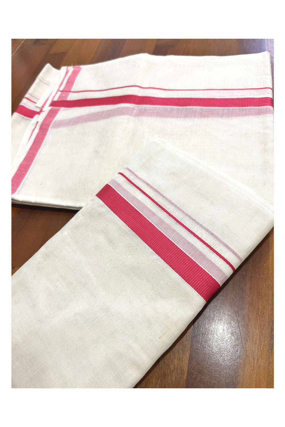 Kerala Cotton Plain Mundum Neriyathum Single (Set Mundu) with 0.5 inch Pink Border