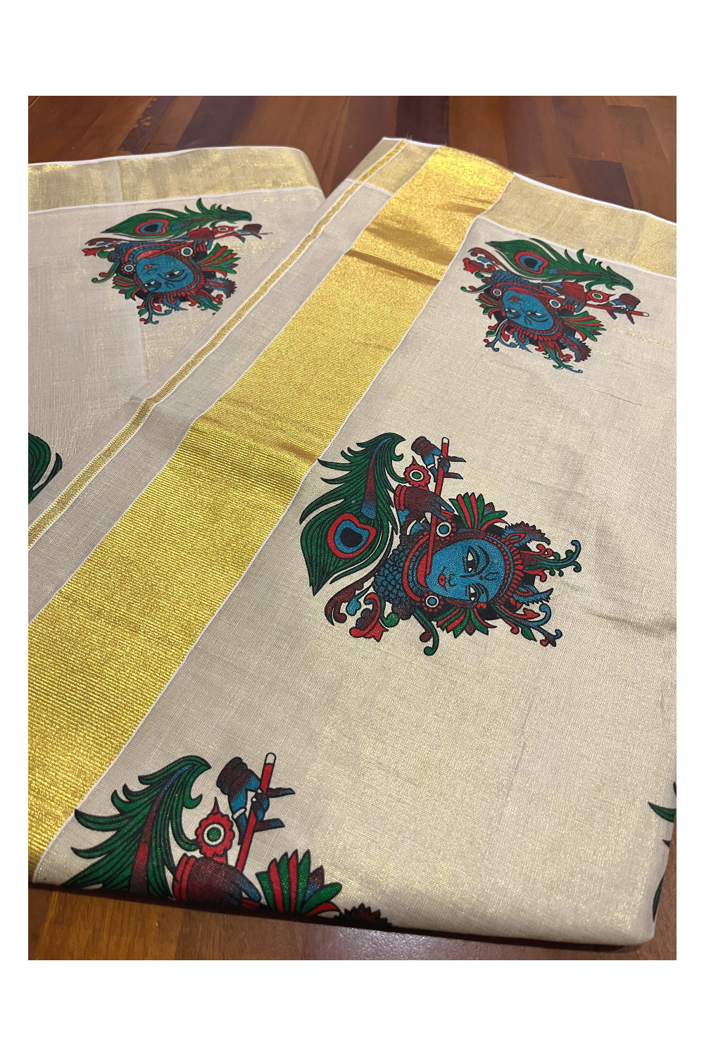 Kerala Tissue Kasavu Mural Printed Saree with Krishna Design