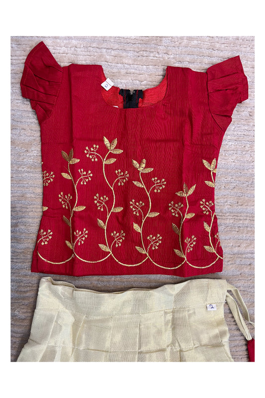 Southloom Kerala Red And Tissue Pavada Blouse with Bead Work for Kids (Age 1 - 10)