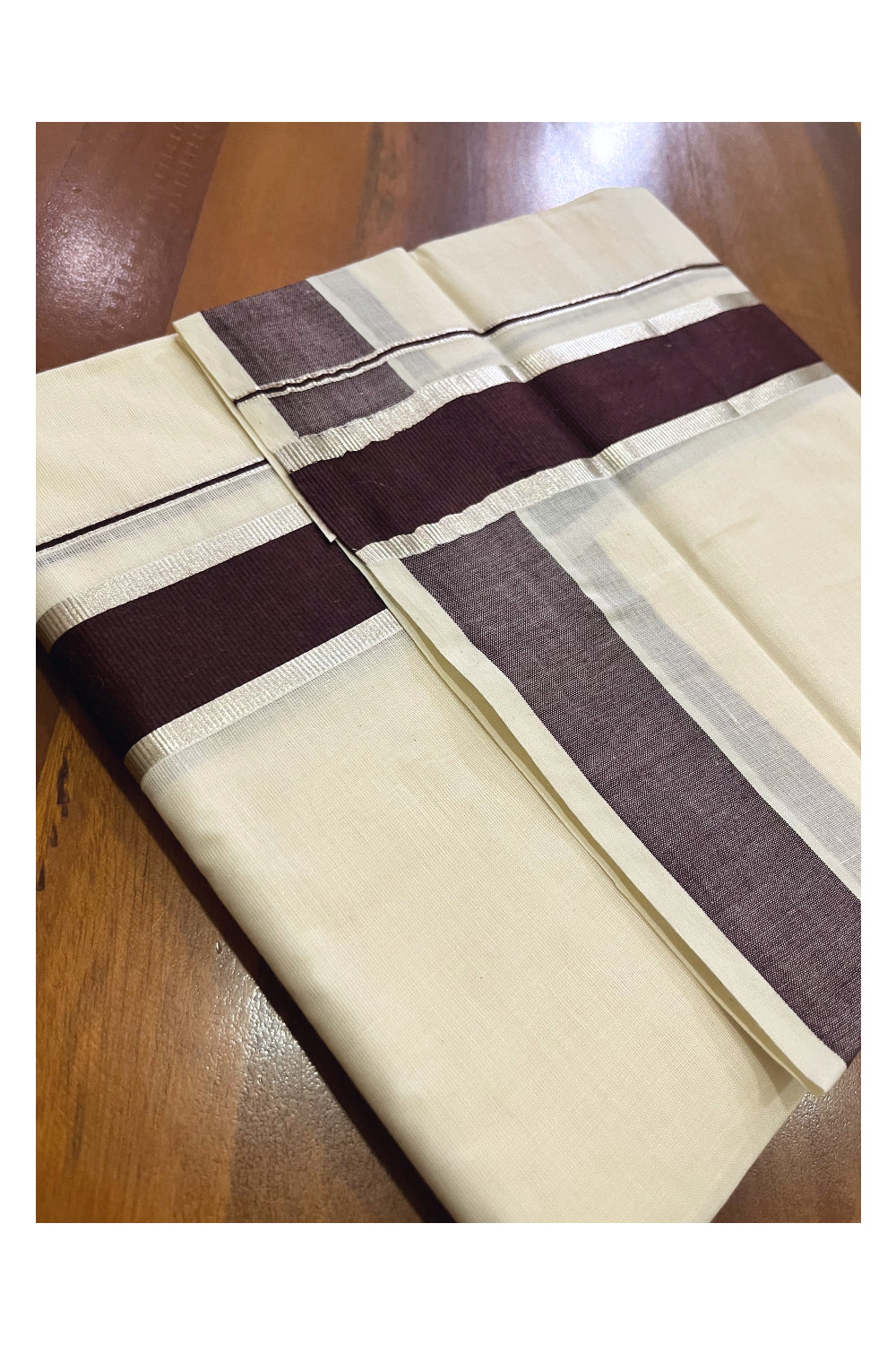 Pure Cotton Double Mundu with Dark Brown and Silver Kasavu Kara (South Indian Kerala Dhoti)