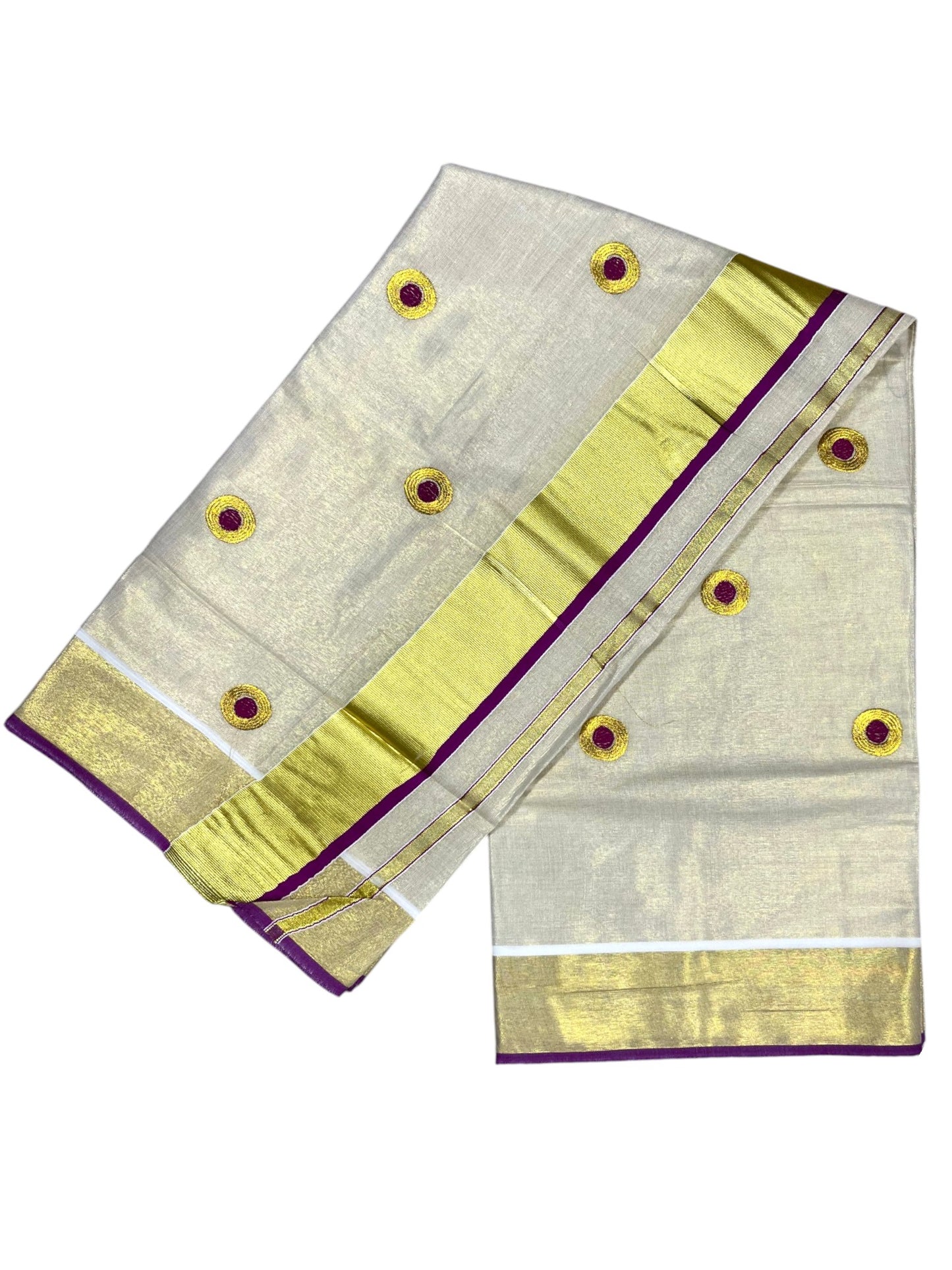 Southloom Kerala Tissue Kasavu Saree with Gold & Magenta Polka Embroidery Works on Body