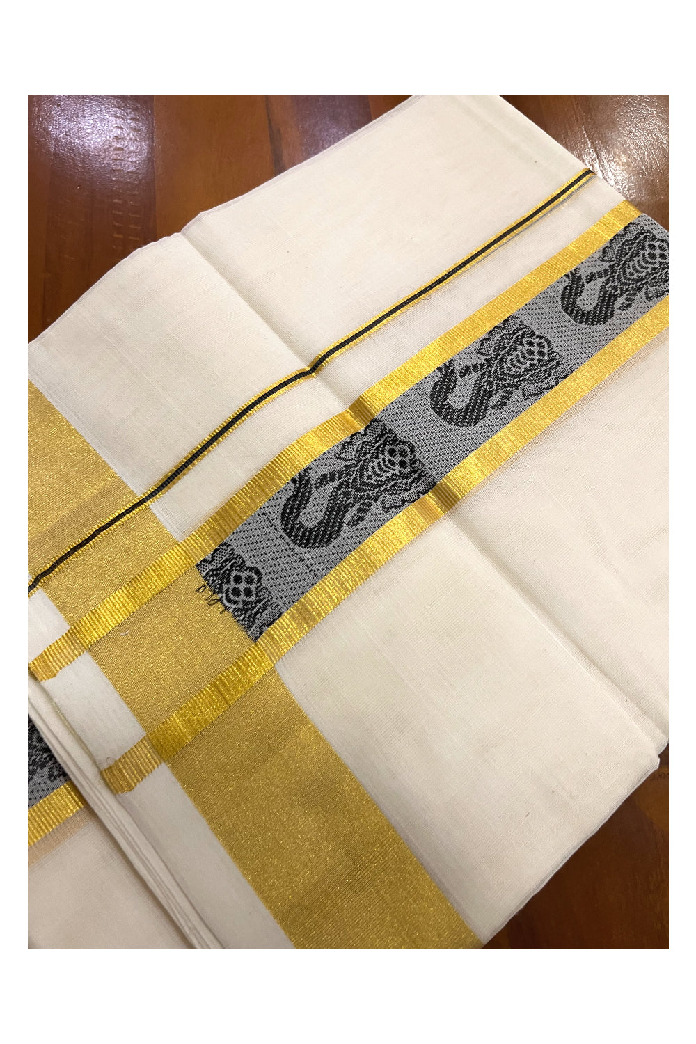 Southloom Premium Handloom Pure Cotton Mundu with Golden and Black Kasavu Woven Border (Onam Mundu 2023)