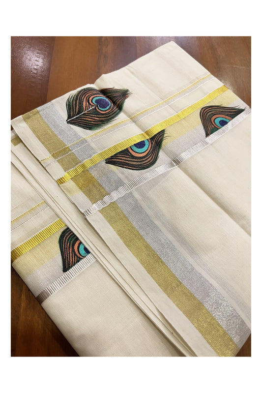 Off White Kerala Cotton Double Mundu with Feather Hand Painted Designs on Silver and Golden Kasavu Border (Vishu 2024 Collection)