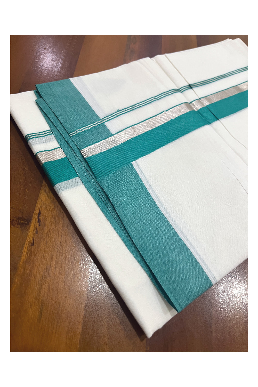 Pure White Cotton Double Mundu with Green and Silver Kasavu Border (South Indian Dhoti)