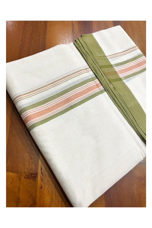 Premium Balaramapuram Handloom Unakkupaavu Cotton Double Mundu with Olive Green and Peach Border (Vishu 2024 Collection)