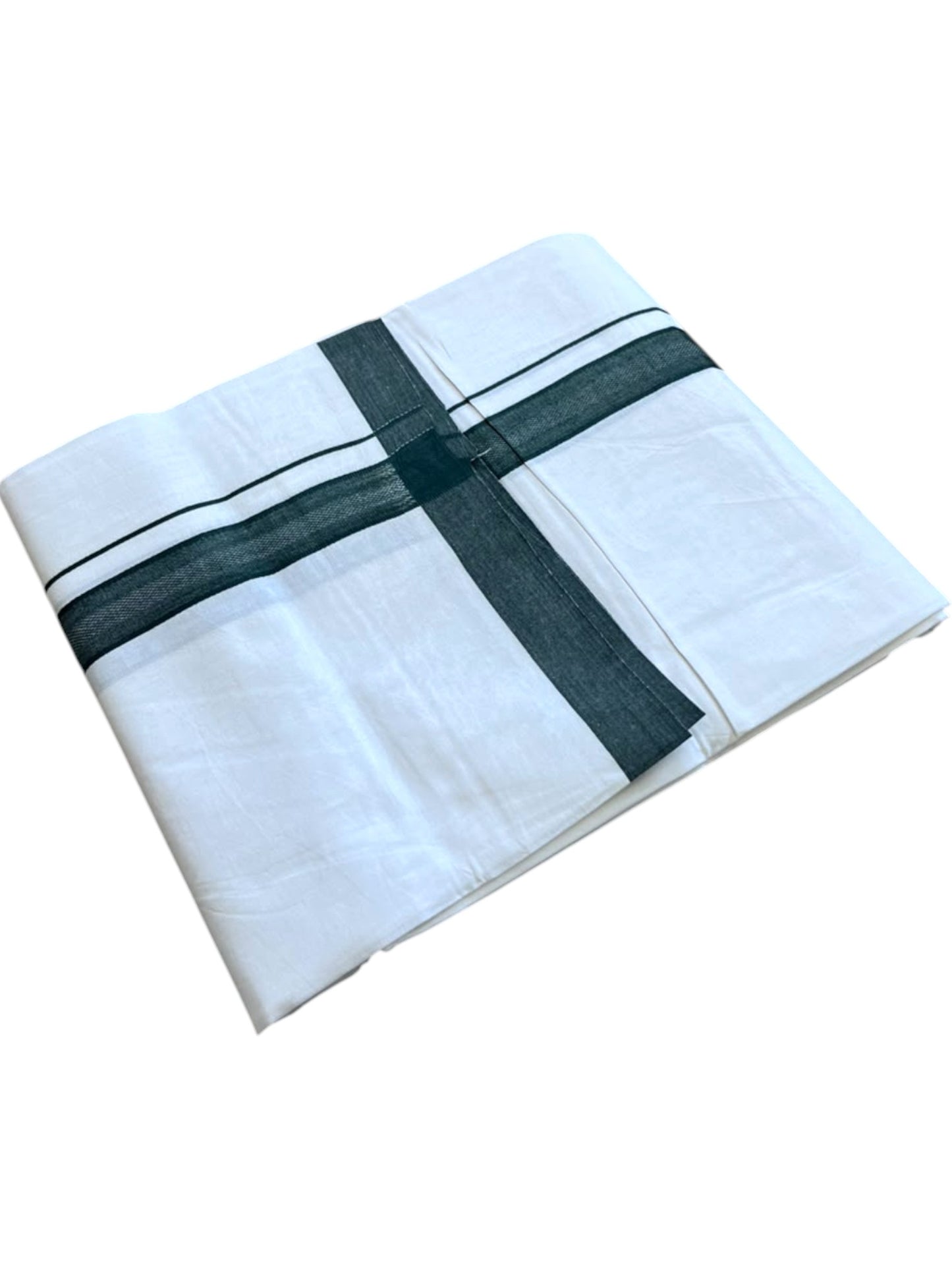 Southloom Pure White Single Cotton Mundu with Dark Green Border (South Indian Kerala Dhoti)