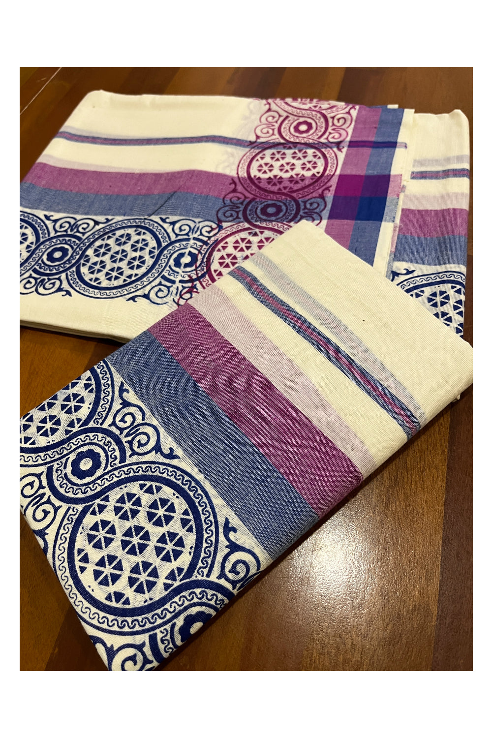 Kerala Cotton Mulloth Mundum Neriyathum Single (Set Mundu) with Blue and Red Block Printed Border (Extra Soft Cotton)