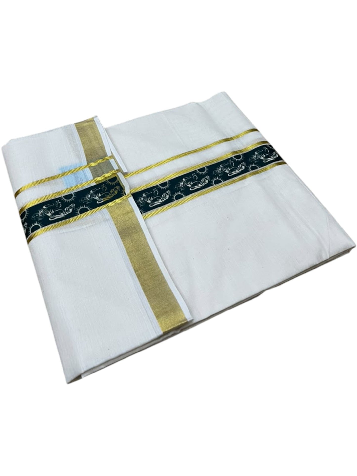 Southloom Pure Cotton Double Mundu with Green Block Printed And Ksavu Border (South Indian Kerala Dhoti)