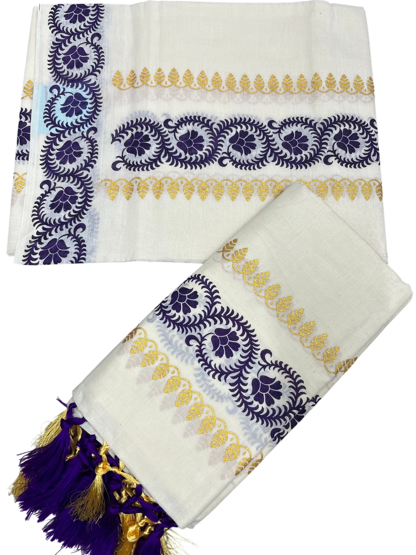 Southloom Cotton Single Set Mundu (Mundu Neriyathum) Voilet and Golden Printed Border With Tussles in 2.80 Mtrs