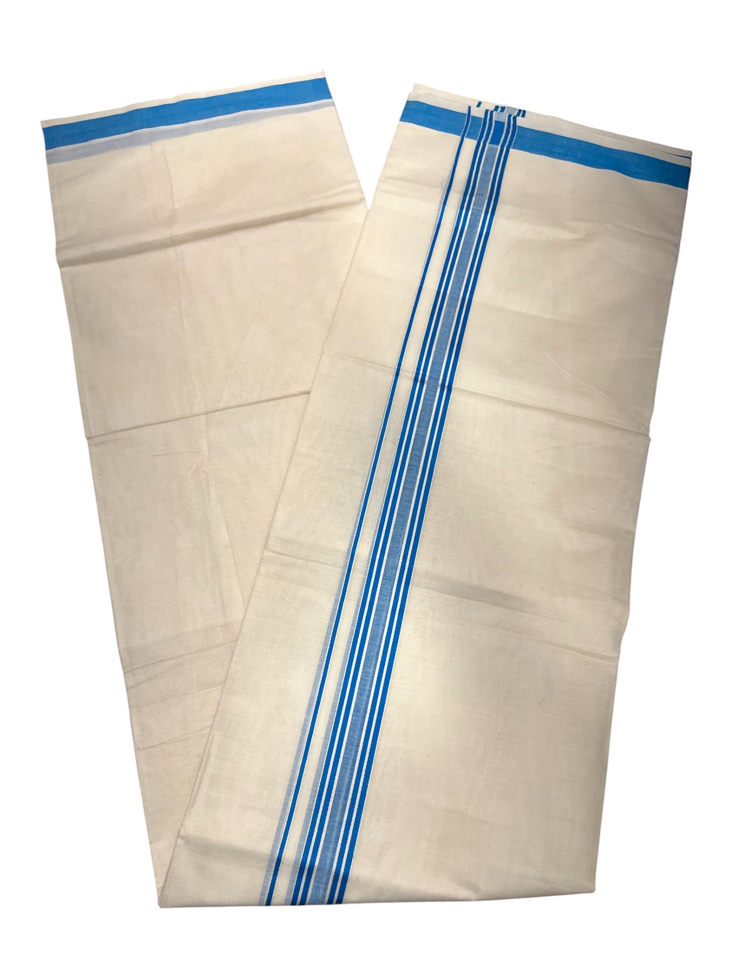 Southloom Pure Cotton Double Mundu With White Lines & Blue Border (South Indian Kerala Dhoti)