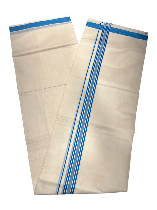 Southloom Pure Cotton Double Mundu With White Lines & Blue Border (South Indian Kerala Dhoti)