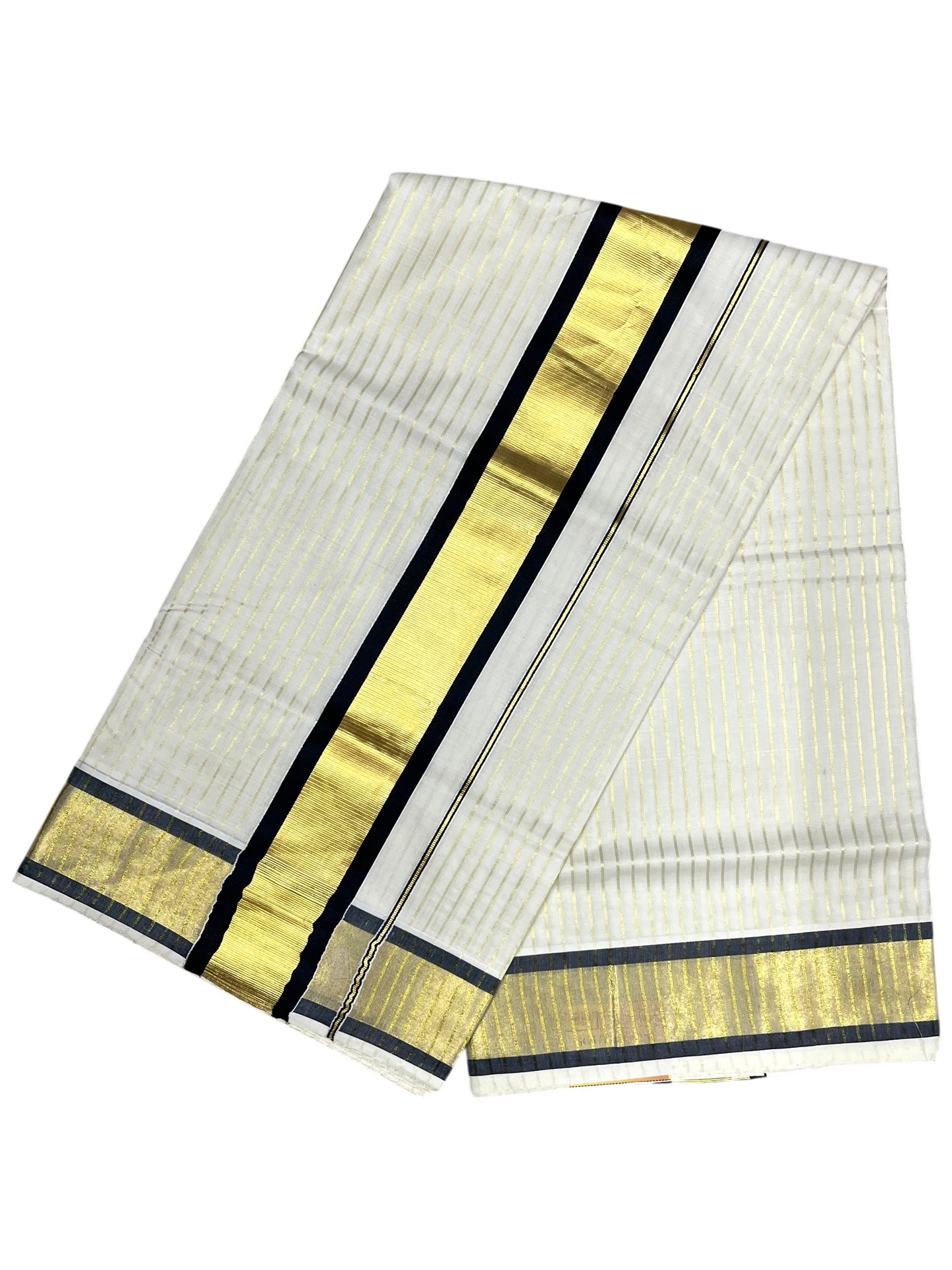 Southloom Pure Cotton Kerala Saree with Gold Kasavu Lines Across Body and Black Border