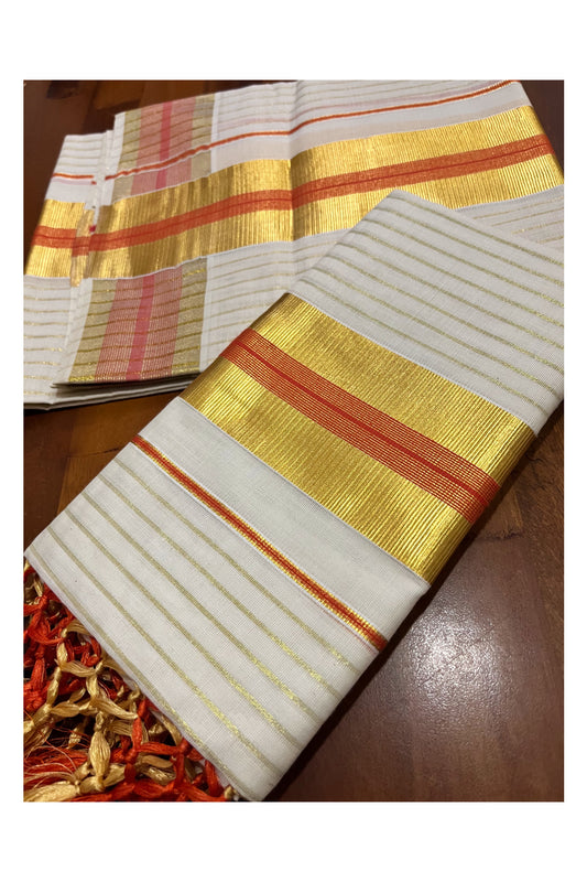 Pure Cotton Kerala Set Mundu with Kasavu Lines on Body Orange Border and Tassels Designs 2.80 Mtrs