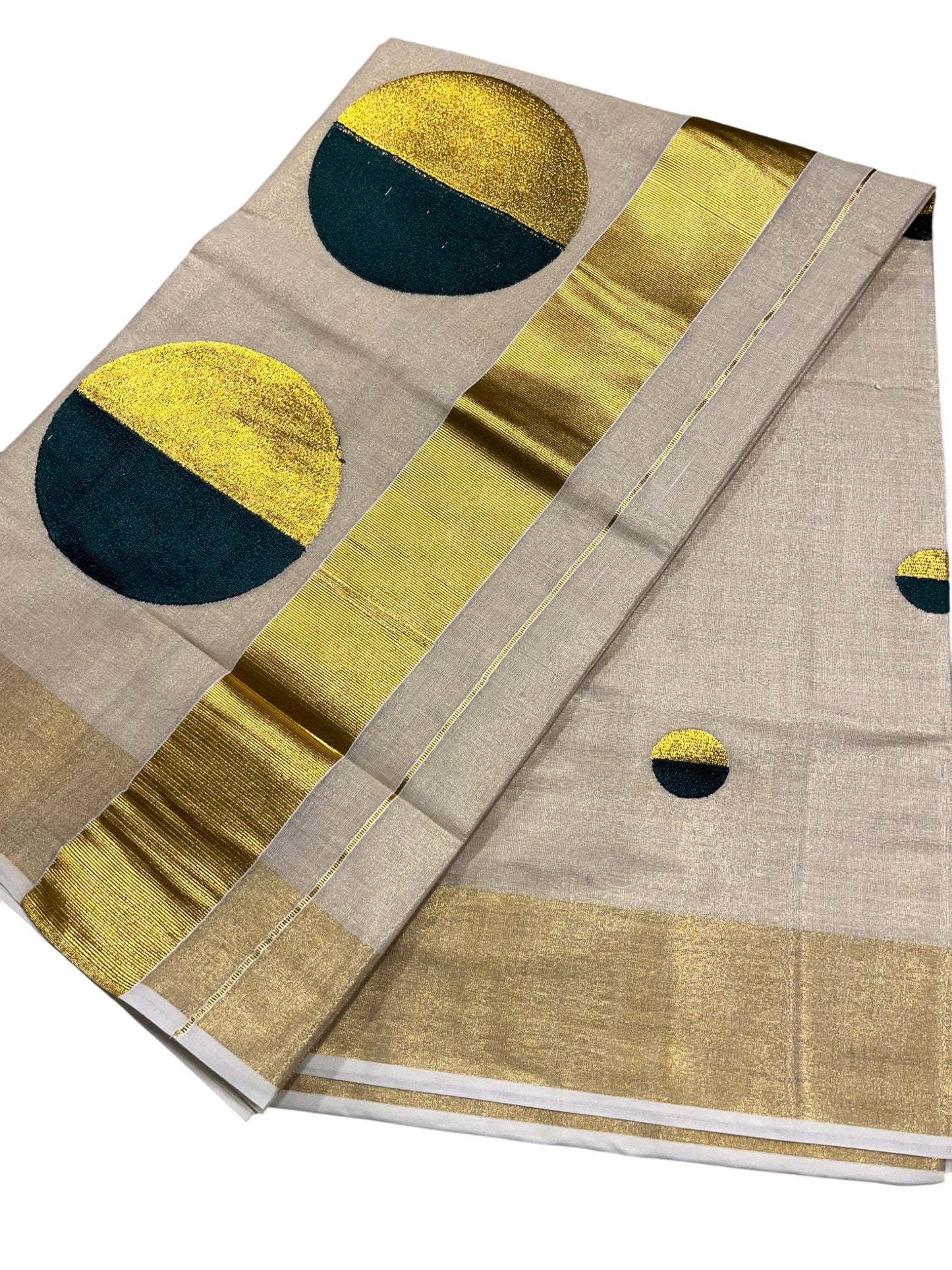 Southloom Kerala Tissue Kasavu Saree With Green Polka Dots Embroidery on Body