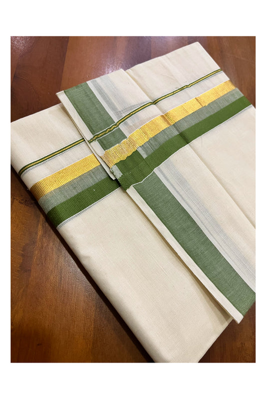 Off White Kerala Cotton Double Mundu with Kasavu and Olive Green Border (South Indian Kerala Dhoti)