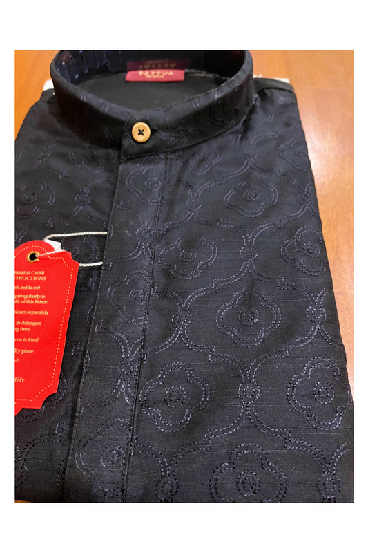 Southloom Black Embroidered Semi Silk Short Kurta for Men