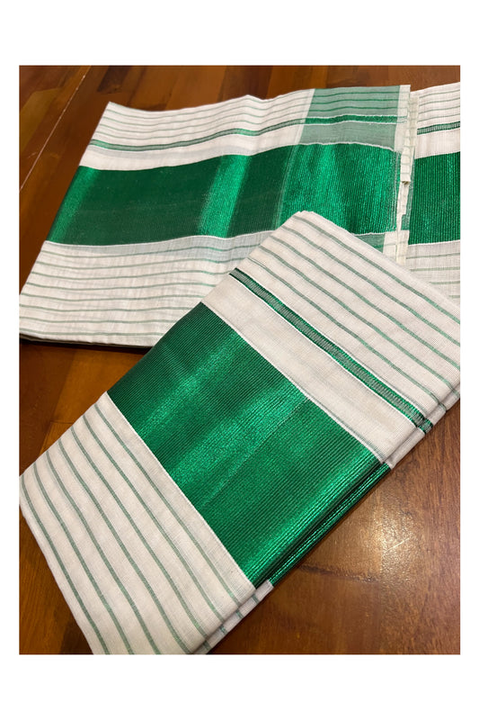 Kerala Cotton Set Mundu (Mundum Neriyathum) with Green Kasavu Lines Across Body 2.80 Mtrs