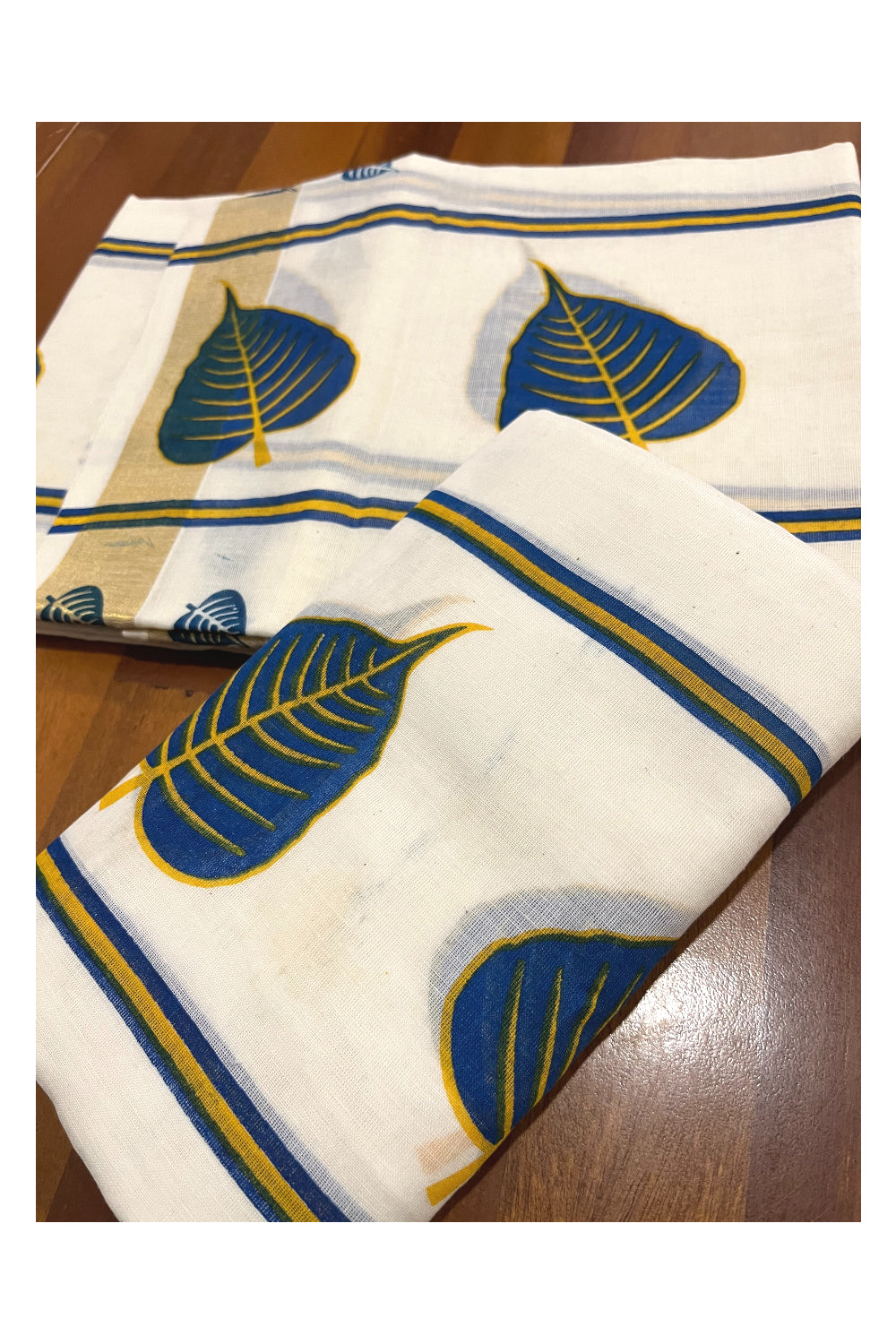 Cotton Kerala Single Set Mundu with Blue Leaf Block Prints 2.80 Mtrs