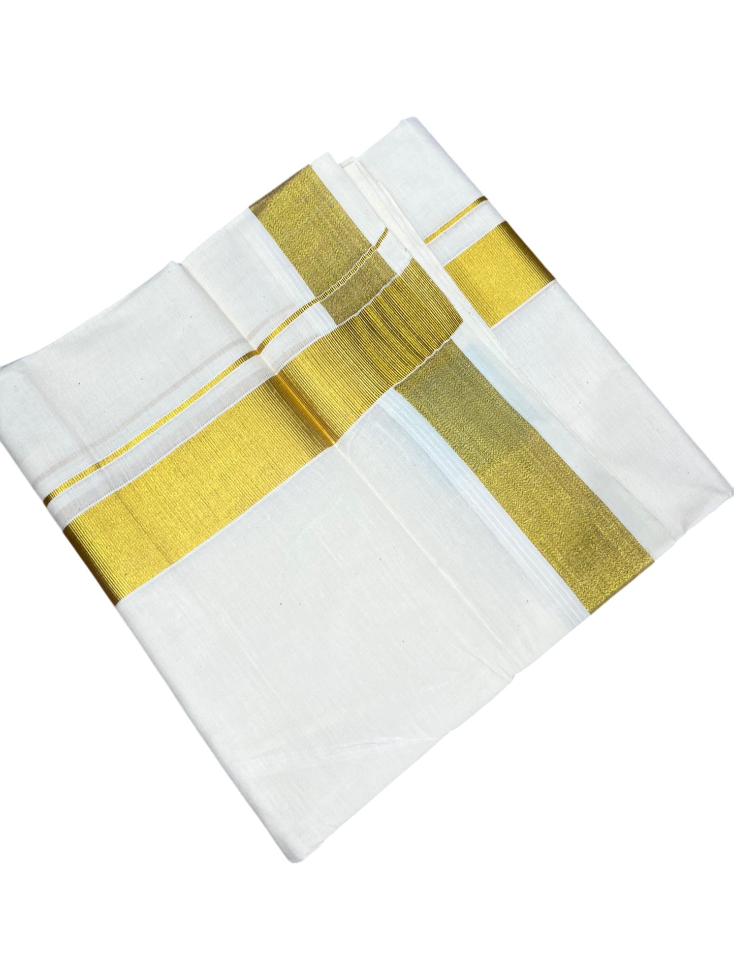 Southloom Kerala Pure Cotton Double Mundu with Gold Kasavu and Border (South Indian Dhoti)