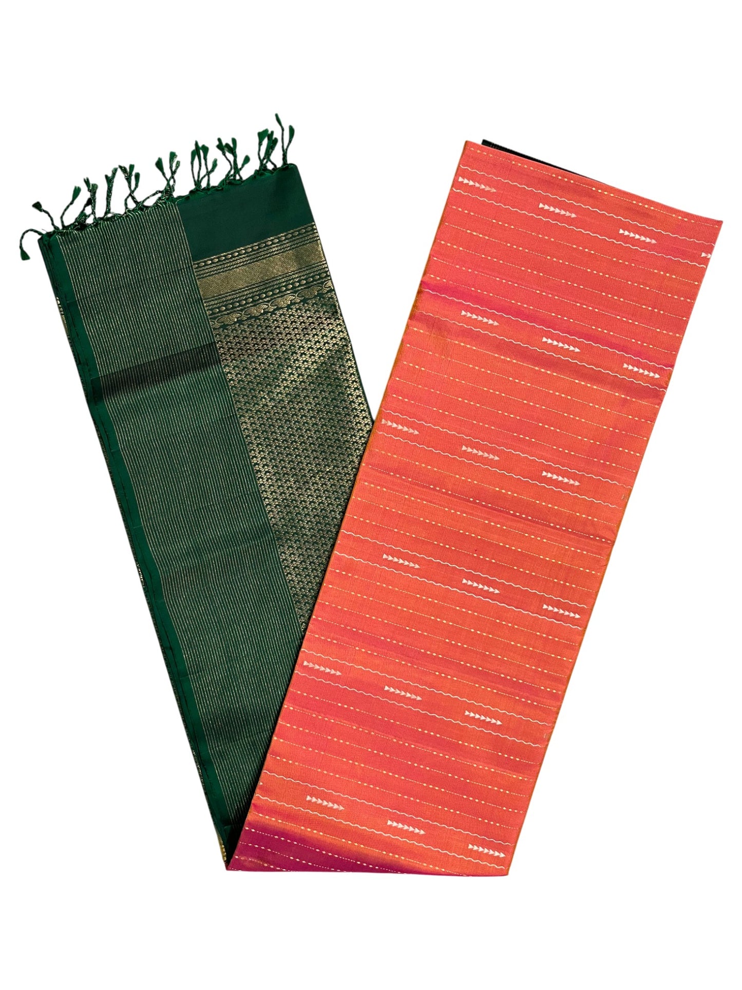 Southloom Pure Handloom Bridal Kanchipuram Silk Saree with Korvai Work (Orange & Green)
