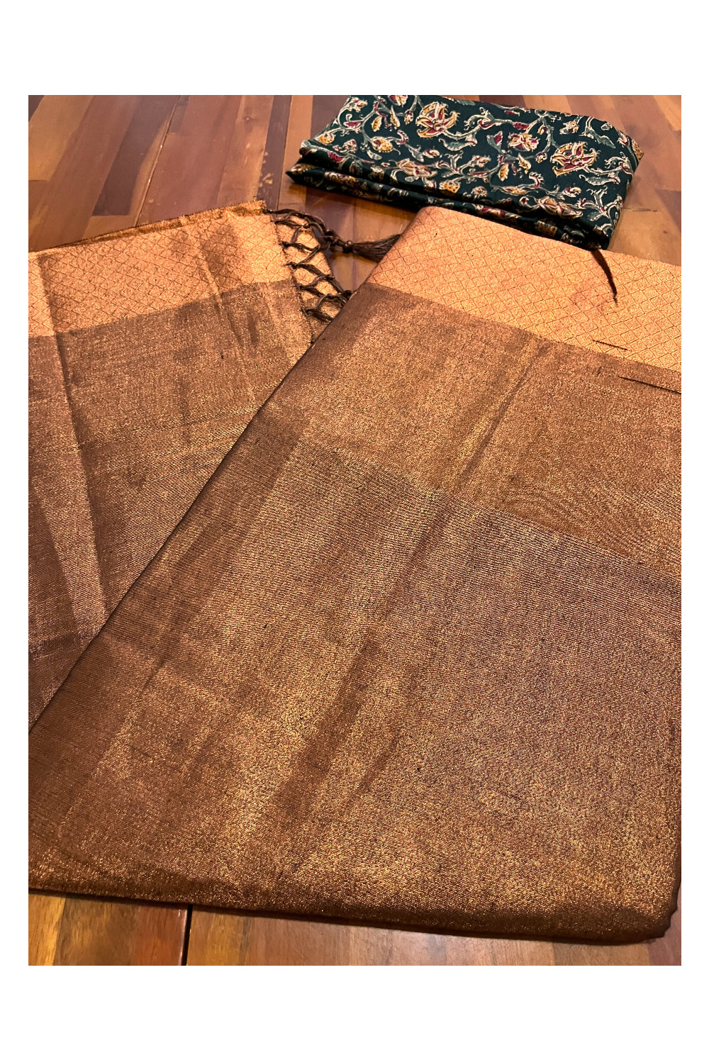 Southloom Brown Tissue Plain Saree with Kalamkari Printed Blouse Piece