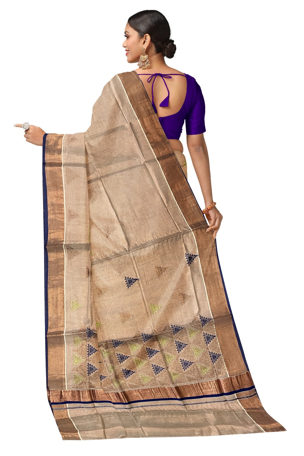 Southloom Copper Tissue Kasavu Saree with Embroidery Design and Blue Tassels Works on Pallu
