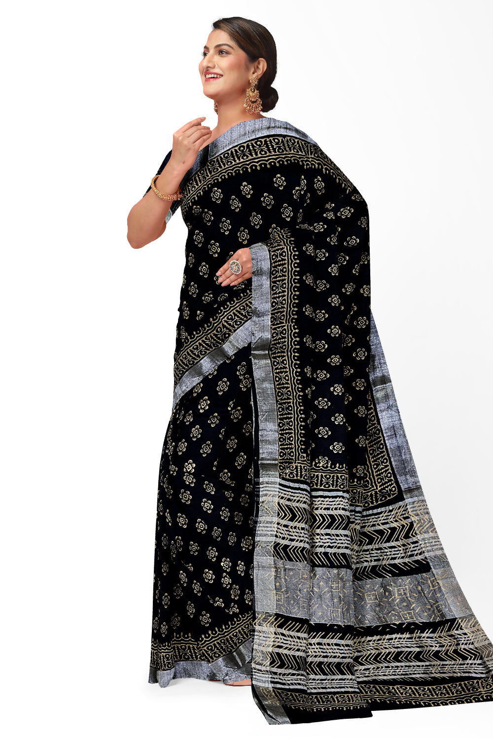 Southloom Linen Black Saree with Brown Designer Prints and Tassels works on Pallu