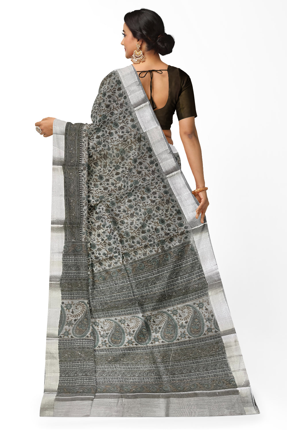 Southloom Cotton Grey Floral Printed Saree