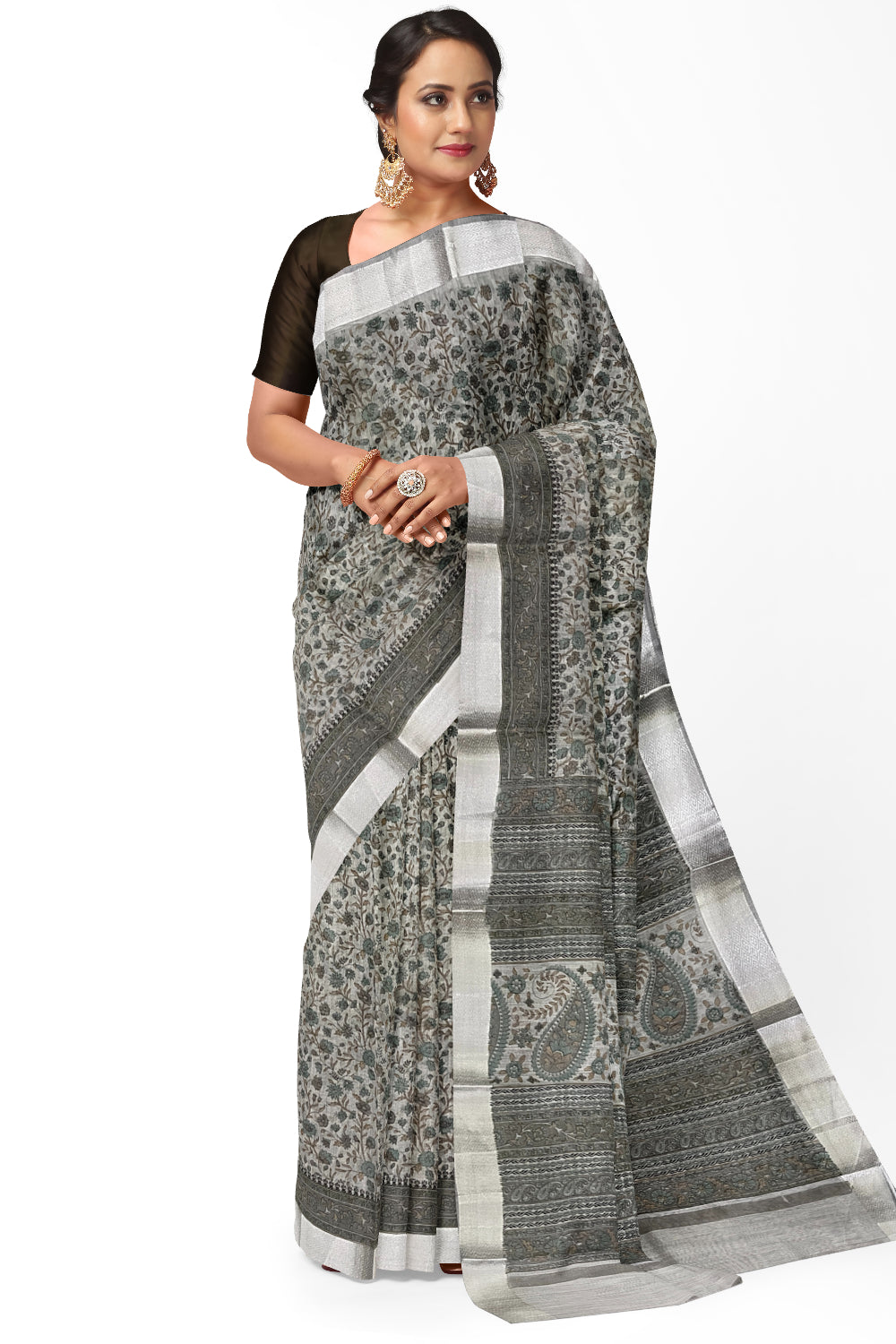 Southloom Cotton Grey Floral Printed Saree