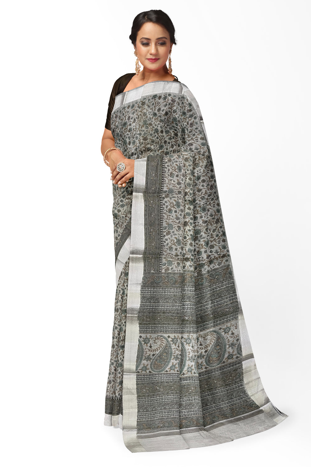 Southloom Cotton Grey Floral Printed Saree