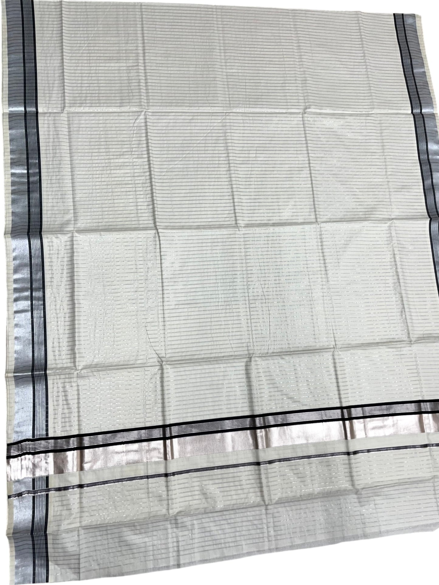 Southloom Pure Cotton Kerala Silver Kasavu Lines Saree with Black and Silver Border