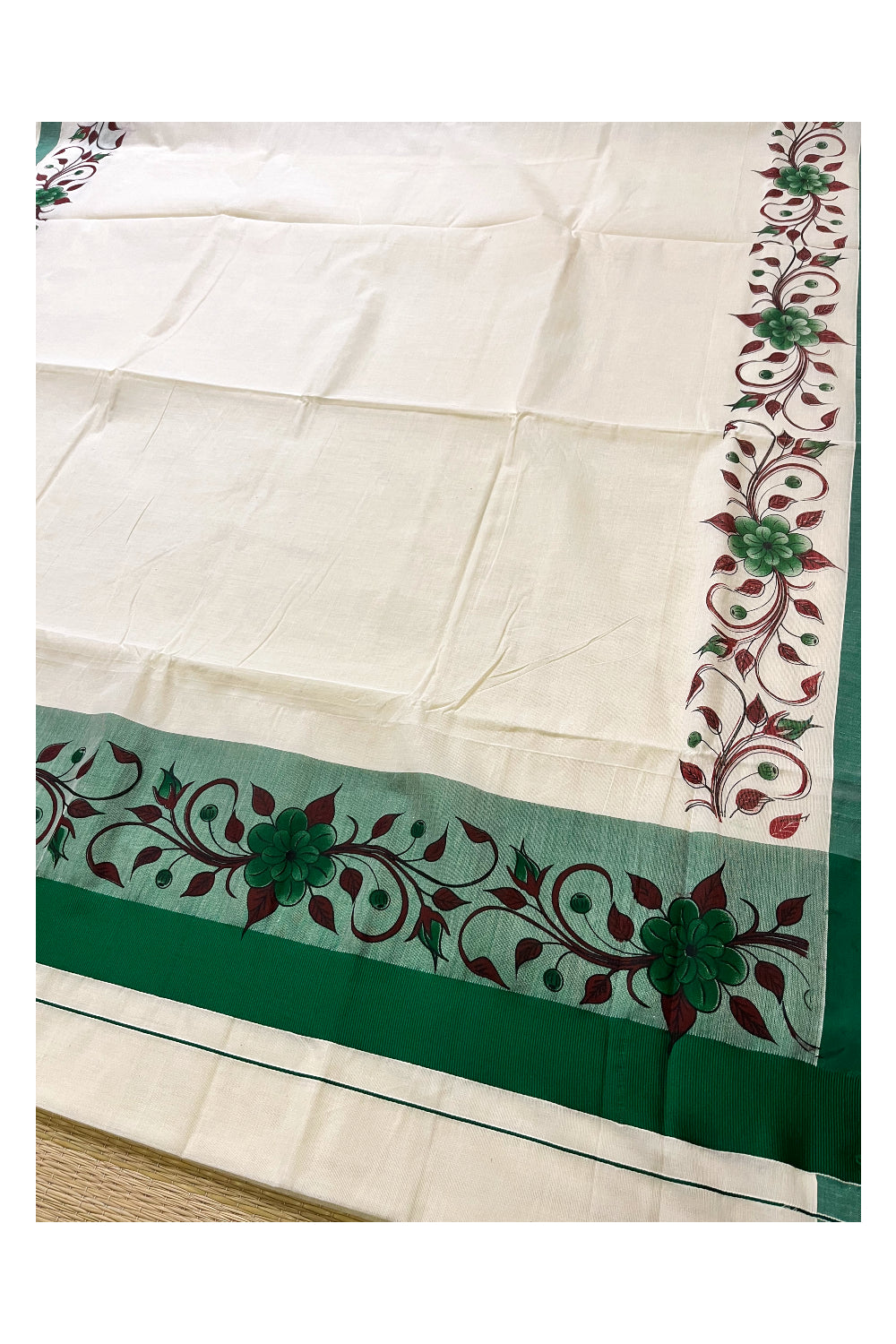 Pure Cotton Kerala Saree with Floral Block Printed Green Border