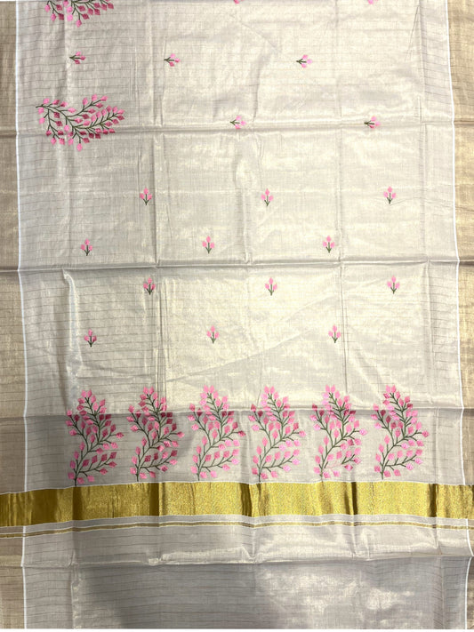 Southloom Tissue Kerala Kasavu Saree with Floral Embroidery Design
