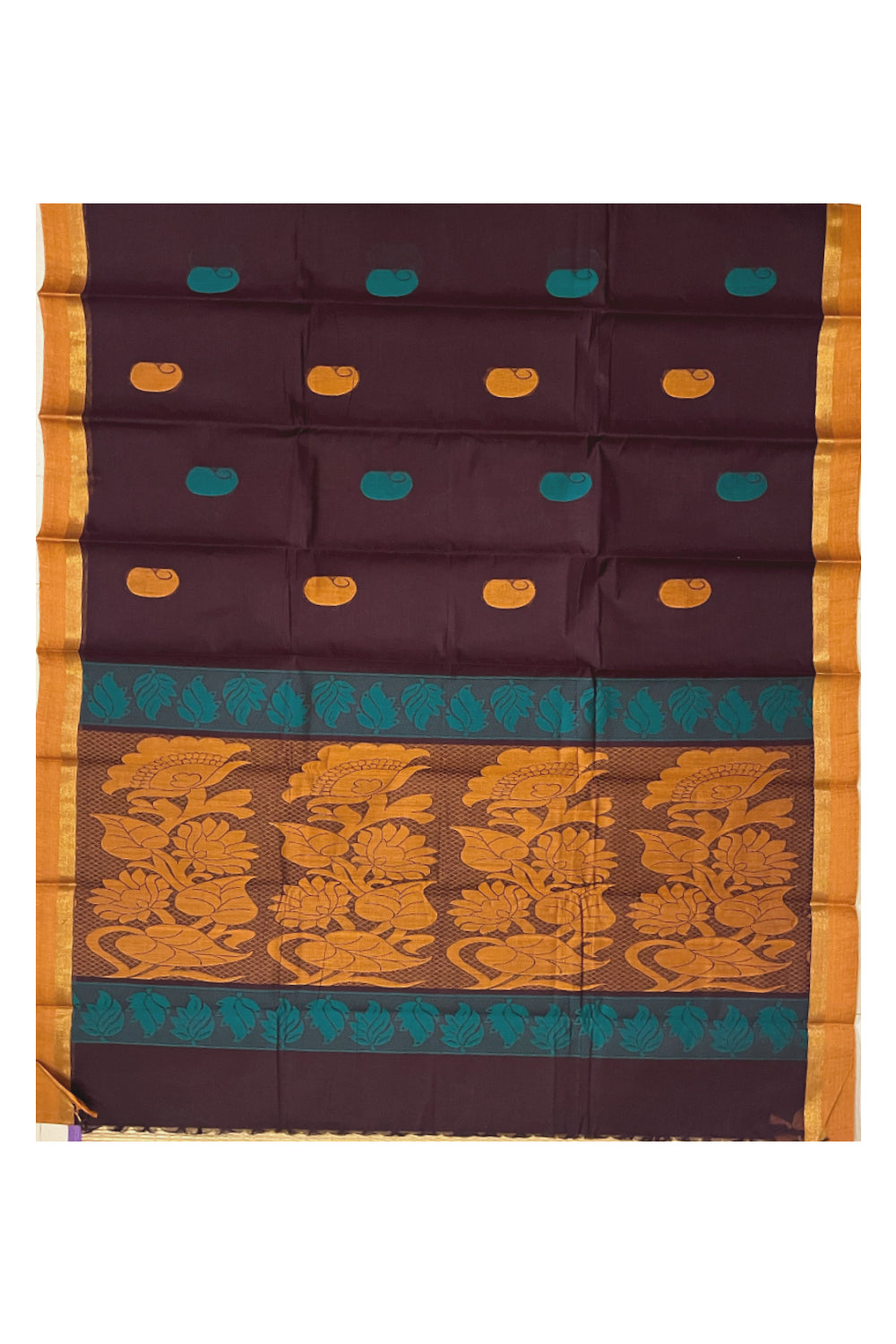 Southloom Cotton Dark Brown Saree with Woven Butta Works on Body and Pallu