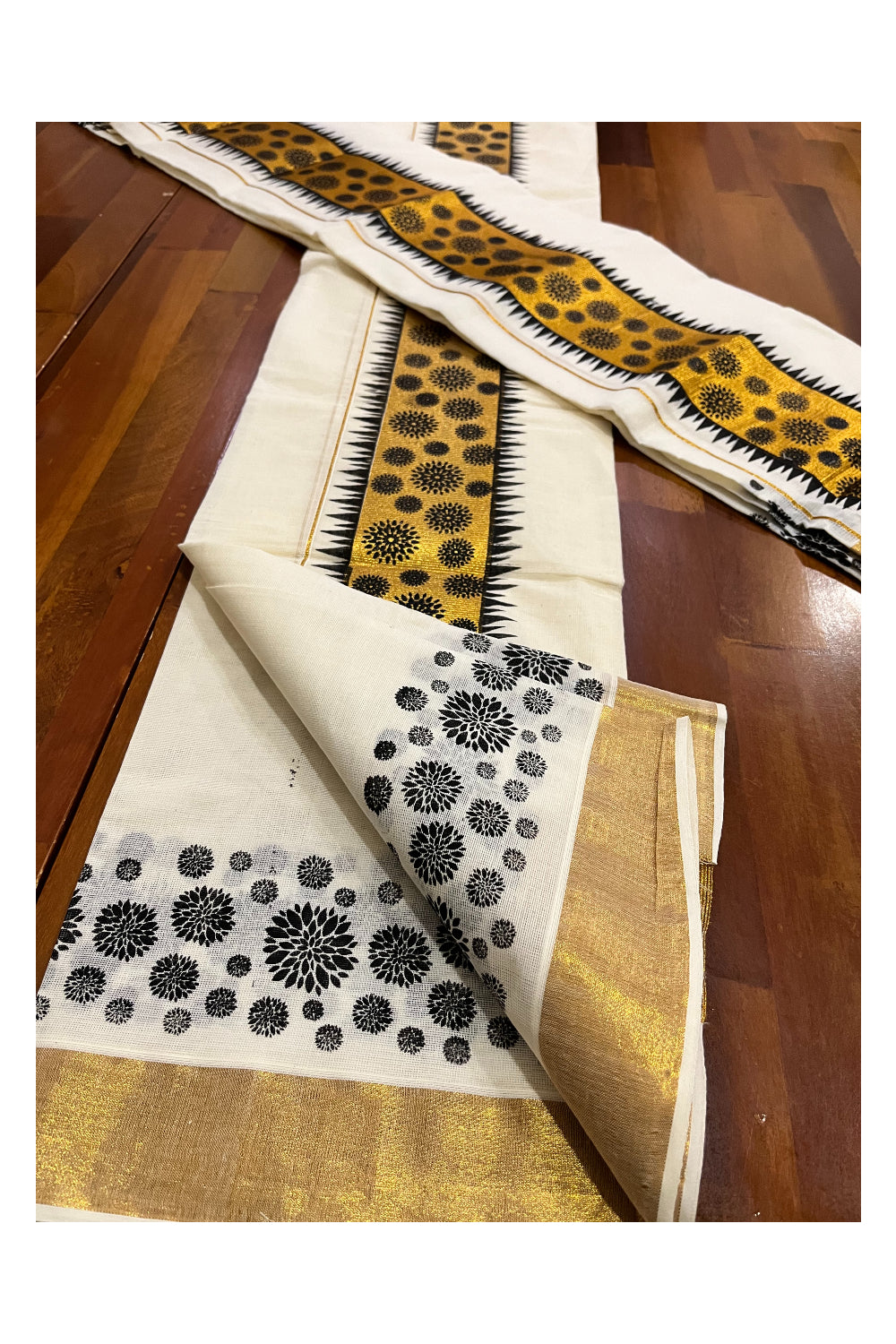 Kerala Pure Cotton Set Mundu Single (Mundum Neriyathum) with Black Temple Block Prints on Kasavu Border